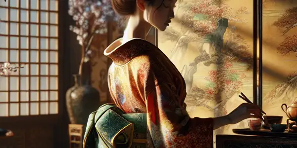 A serene Japanese room with a graceful woman in a kimono, surrounded by cherry blossoms and traditional decor.